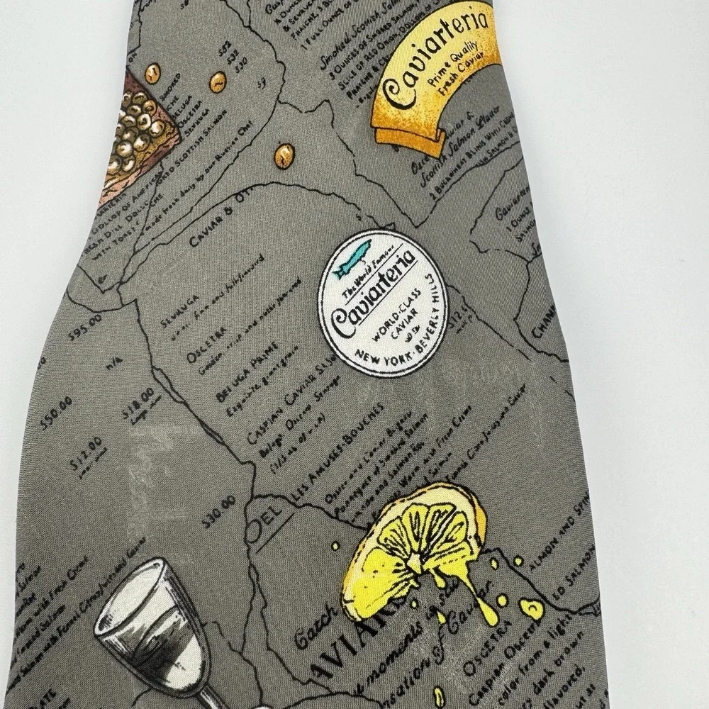 VTG Nicole Miller Caviar Cocktail Novelty Silk Tie 1995 Gray